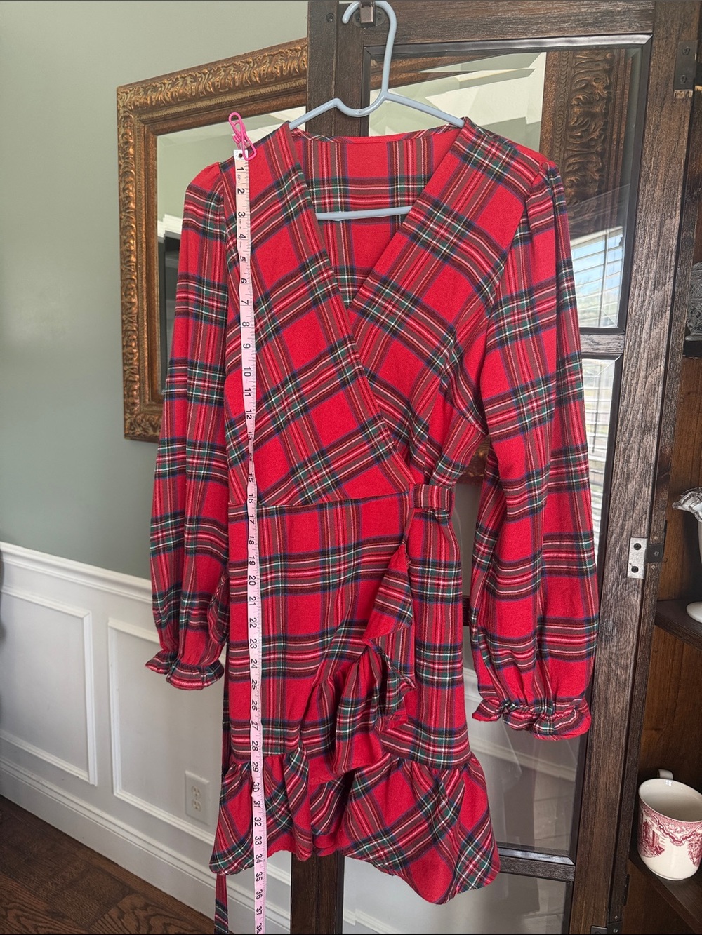 Cupshe Wrap Mini Dress Ruffle Red Plaid Tartan Christmas Holiday Size L